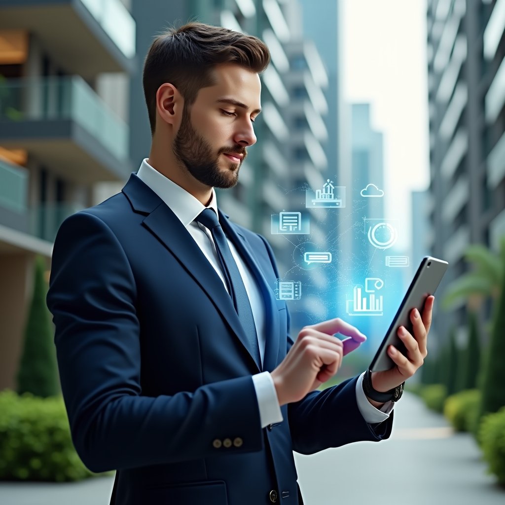 Ultra-realistic condominium manager in a navy executive suit, set in a modern luxury condominium environment with high-rise buildings and lush green landscaping, holding a transparent tablet displaying holographic icons representing access control, messaging, reservations, billing, maintenance tickets, analytics and supplier integration, confidently interacting with the floating interface, cinematic lighting, shallow depth of field, highly detailed textures, realistic skin, photographic realism, 8k resolution --ar 1:1 --v 6