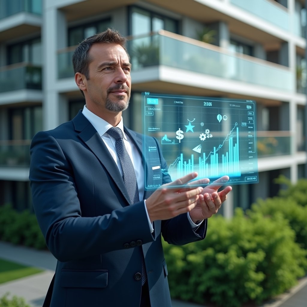 Ultra-realistic condominium manager in a navy executive suit, set in a modern luxury condominium environment with high-rise buildings and lush green landscaping, medium shot of a confident male síndico reviewing transparent holographic financial charts and graphs floating before him, symbolic icons of currency and bar charts integrated into the holograms, cinematic lighting, shallow depth of field, highly detailed textures, realistic skin, photographic realism, 8k resolution --ar 1:1 --v 6