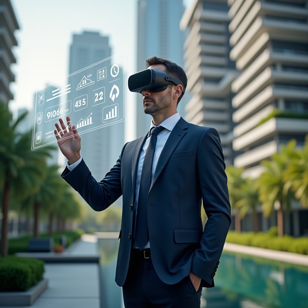 (Ultra-realistic condominium manager in a tailored dark blue suit, mid shot in a modern luxury condominium environment with high-rise buildings and manicured greenery, interacting with a floating holographic dashboard of charts and icons representing automated tasks, looking confident and focused, cinematic lighting, shallow depth of field, highly detailed textures, realistic skin, photographic realism, 8k resolution --ar 1:1 --v 6)