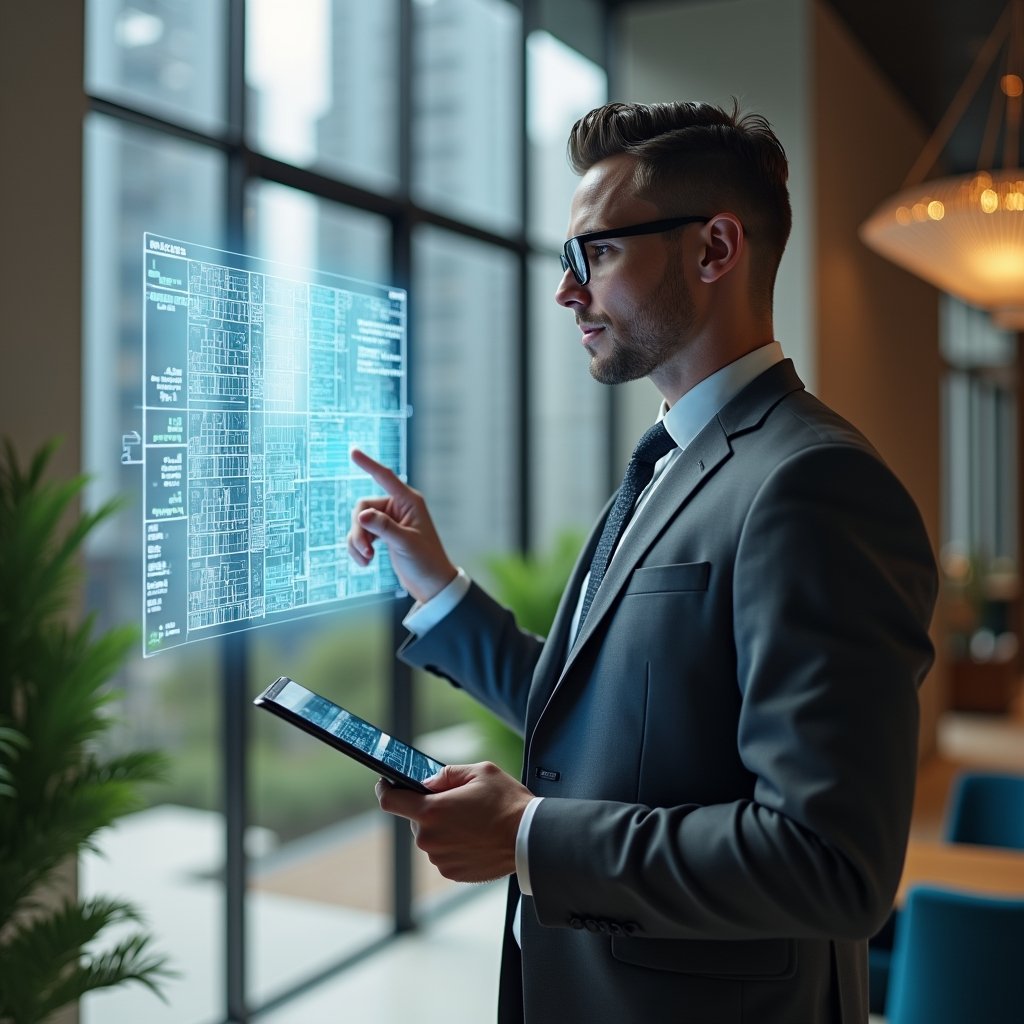 (Ultra-realistic condominium manager in a charcoal gray suit, set in a modern luxury condominium environment with high-rise buildings and lush green landscaping, standing in a well-lit lobby and pointing thoughtfully at a floating holographic blueprint showing unit area fractions and legal calculations, holding a sleek digital tablet with schematic overlays, cinematic lighting, shallow depth of field, highly detailed textures, realistic skin, photographic realism, 8k resolution --ar 1:1 --v 6)
