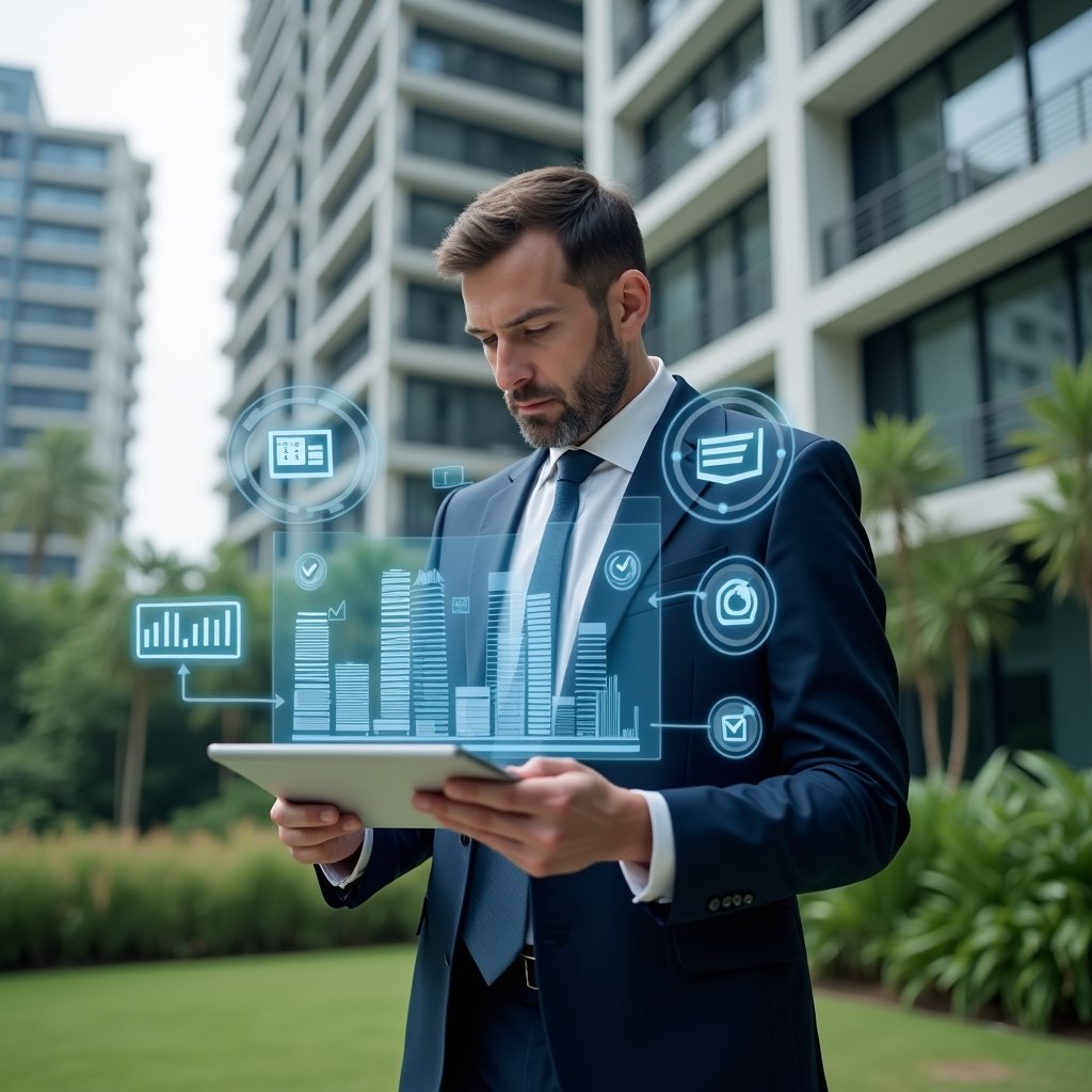 (Ultra-realistic condominium manager in a navy executive suit, set in a modern luxury condominium environment with high-rise buildings and lush green landscaping, reviewing holographic financial reports and receipts on a transparent tablet, surrounded by floating icons of graphs, audit documents and checkmarks, confident and focused expression, cinematic lighting, shallow depth of field, highly detailed textures, realistic skin, photographic realism, 8k resolution --ar 1:1 --v 6)