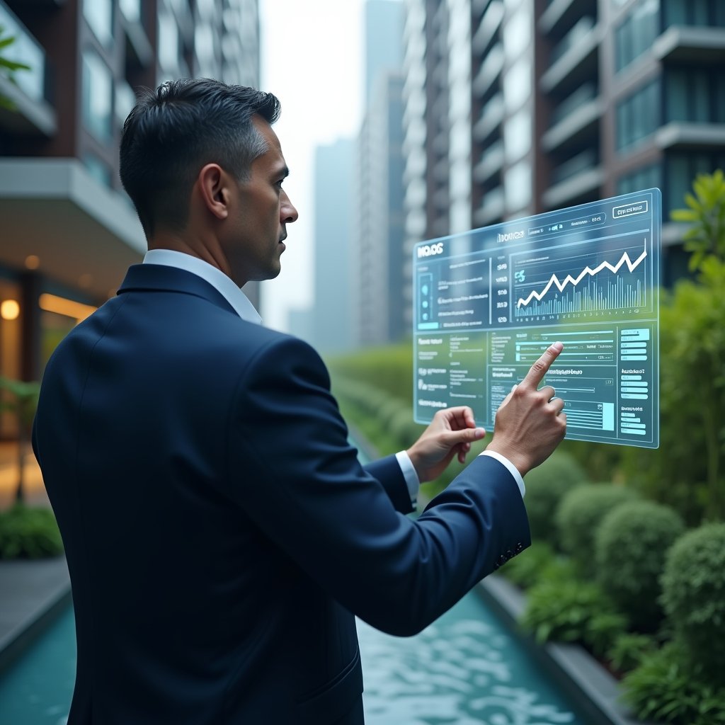 (Ultra-realistic condominium manager in a dark blue suit, set in a modern luxury condominium environment with high-rise buildings and lush green landscaping, confidently tapping a transparent holographic dashboard displaying financial reports, invoices and automated charts, cinematic lighting, shallow depth of field, highly detailed textures, realistic skin, photographic realism, 8k resolution --ar 1:1 --v 6)