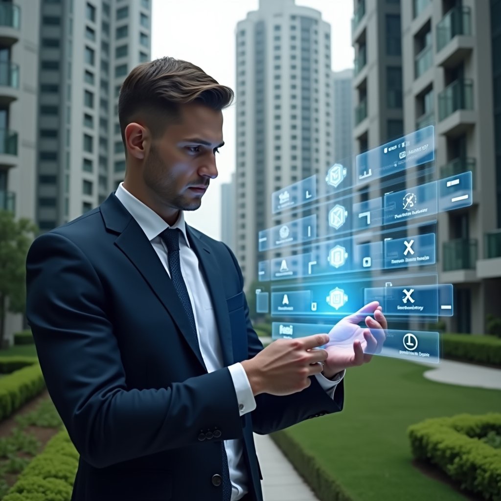 (Ultra-realistic condominium manager in a tailored navy suit, set in a modern luxury condominium environment with high-rise buildings and manicured green landscaping, mid-shot of a confident professional examining a glowing holographic schedule with checkmark icons and task timelines floating before them, symbolizing organized workflows and streamlined maintenance, cinematic lighting, shallow depth of field, highly detailed textures, realistic skin, photographic realism, 8k resolution --ar 1:1 --v 6)