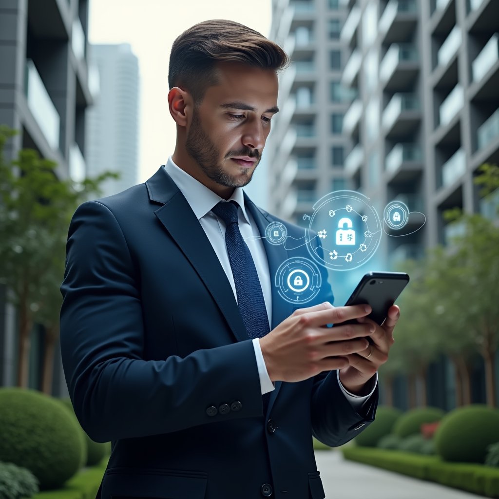 Ultra-realistic property manager in a tailored navy suit, set in a modern luxury condominium environment with high-rise buildings and meticulously landscaped gardens, holding a smartphone displaying floating holographic icons for chat, finance charts, and security shields, confidently analyzing the interface, cinematic lighting, shallow depth of field, highly detailed textures, realistic skin, photographic realism, 8k resolution --ar 1:1 --v 6