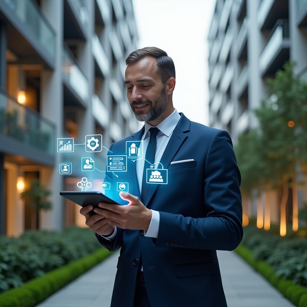 (Ultra-realistic condominium manager in a navy blue tailored suit, set in a modern luxury condominium environment with high-rise buildings and meticulously landscaped green areas, holding a digital tablet displaying floating holographic icons of financial charts, maintenance checklists, and team collaboration symbols, confidently analyzing data with a slight smile, cinematic lighting, shallow depth of field, highly detailed textures, realistic skin, photographic realism, 8k resolution --ar 1:1 --v 6)