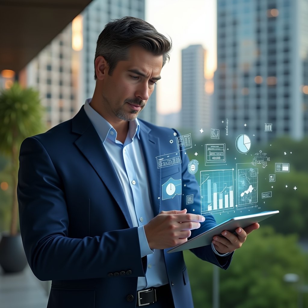 Ultra-realistic condominium manager in a navy blue tailored suit, set in a modern luxury condominium environment with high-rise buildings and lush green landscaping, holding a transparent tablet displaying holographic financial charts, examining data with a confident expression, surrounded by floating icons of spreadsheets and pie charts, cinematic lighting, shallow depth of field, highly detailed textures, realistic skin, photographic realism, 8k resolution --ar 1:1 --v 6