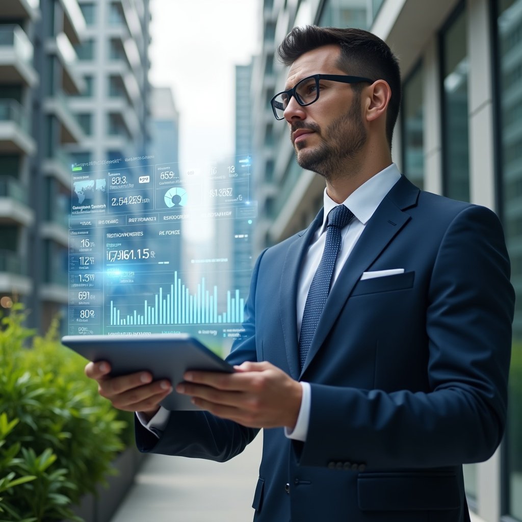 Ultra-realistic property manager in a navy executive suit, set in a modern luxury condominium environment with high-rise buildings and meticulously maintained green landscaping, holding a holographic financial dashboard displaying expense charts and cost-control icons, analyzing data with a confident, focused expression, cinematic lighting, shallow depth of field, highly detailed textures, realistic skin, photographic realism, 8k resolution --ar 1:1 --v 6