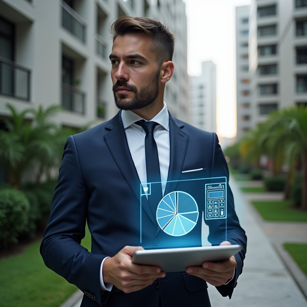 (Ultra-realistic condominium manager in a tailored navy suit, set in a modern luxury condominium environment with high-rise buildings and manicured green landscaping, mid-shot of the professional holding a digital tablet projecting a holographic pie chart of unit fractions, confidently analyzing figures with a calculator icon and blueprint overlay, cinematic lighting, shallow depth of field, highly detailed textures, realistic skin, photographic realism, 8k resolution --ar 1:1 --v 6)