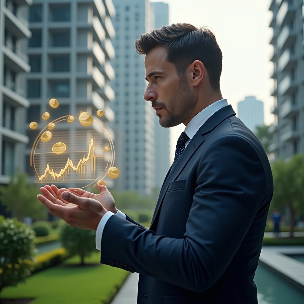 (Ultra-realistic condominium manager in a tailored navy suit, set in a modern luxury condominium environment with high-rise buildings and manicured green landscaping, examining a holographic financial chart with eight highlighted steps floating beside him, thoughtful and confident expression, holographic icons of coins and pie charts subtly glowing around him, cinematic lighting, shallow depth of field, highly detailed textures, realistic skin, photographic realism, 8k resolution --ar 1:1 --v 6)