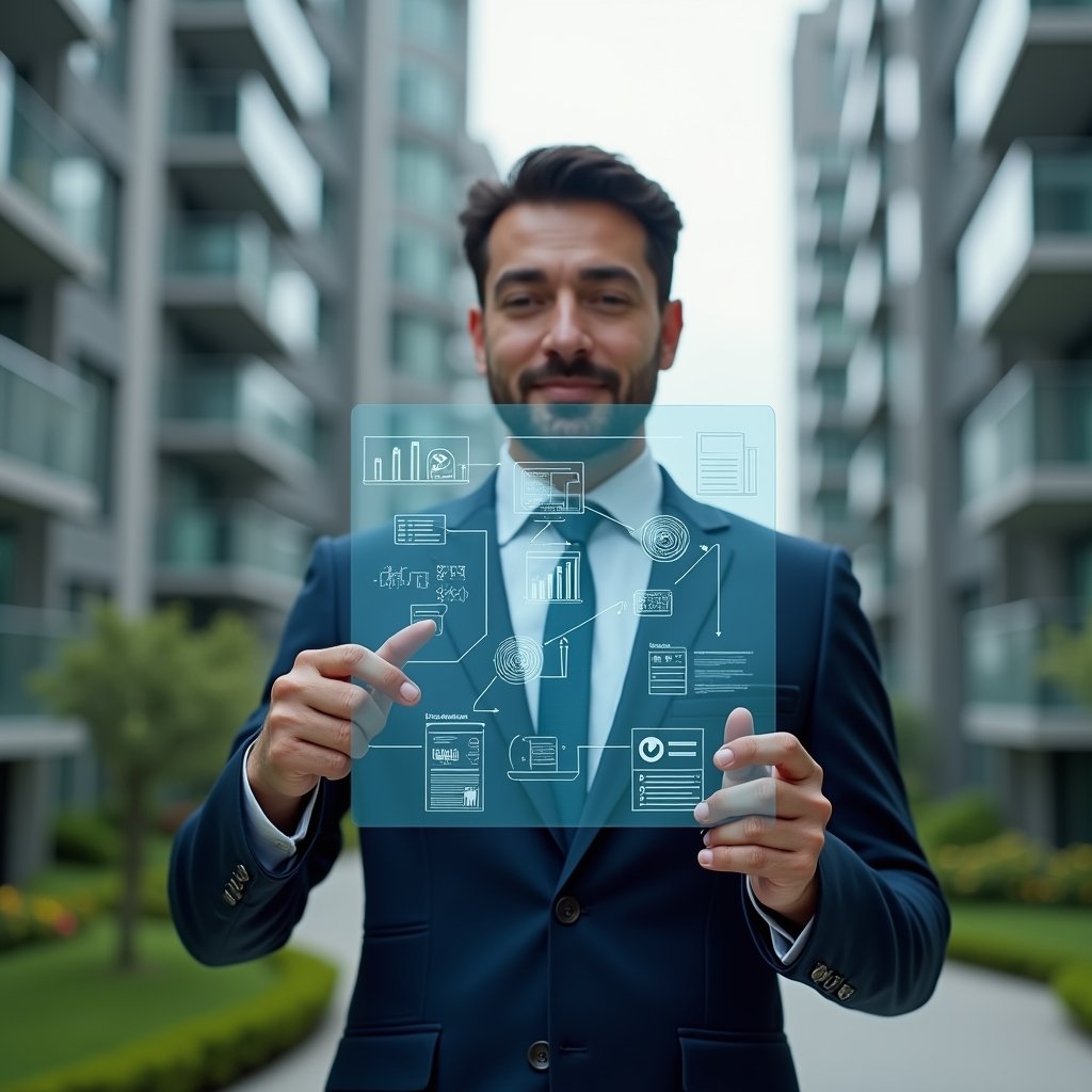 Ultra-realistic condominium manager in a navy blue suit, set in a modern luxury condominium environment with high-rise buildings and green landscaping, holding a transparent holographic financial report displaying charts and graphs, confidently pointing at one of the eight highlighted steps, floating icons of receipts and balance sheets around, cinematic lighting, shallow depth of field, highly detailed textures, realistic skin, photographic realism, 8k resolution --ar 1:1 --v 6