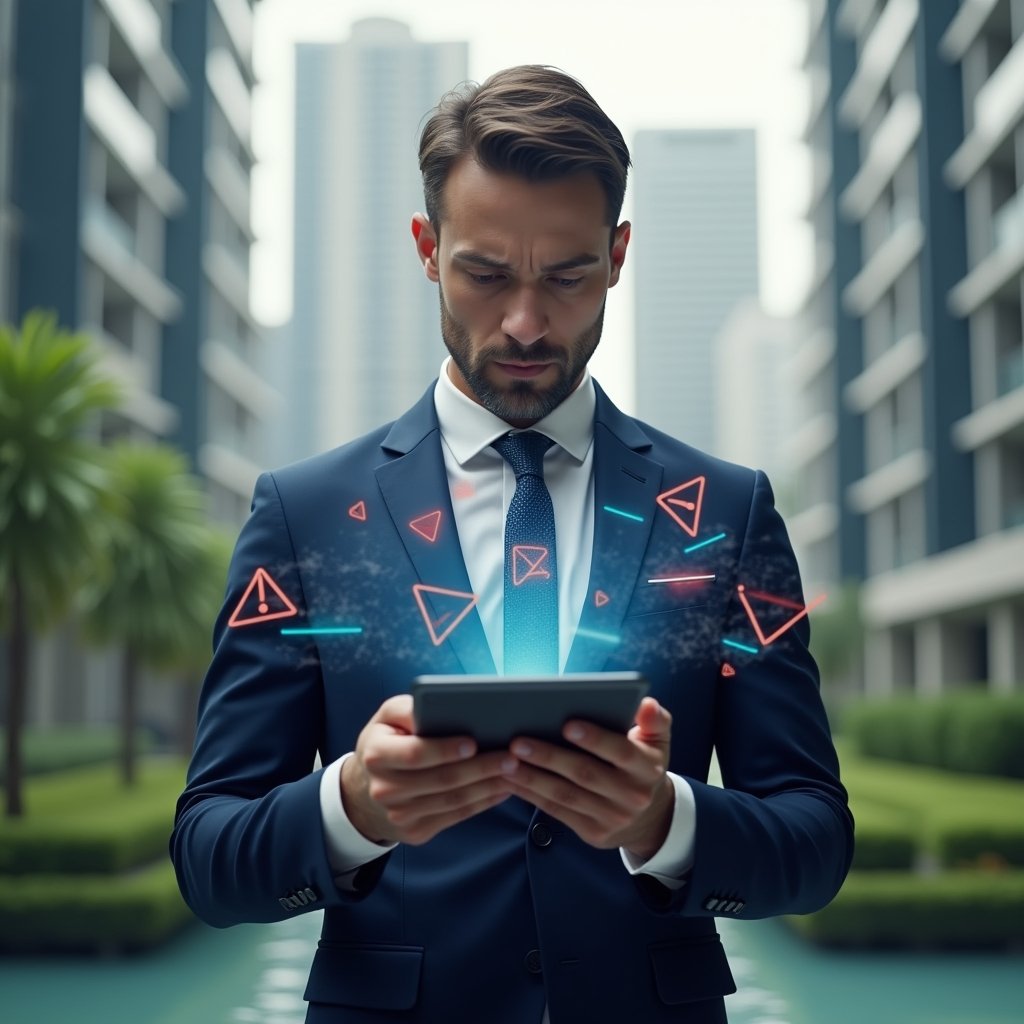 Ultra-realistic condominium manager in a navy blue suit, set in a modern luxury condominium environment with high-rise buildings and green landscaping, holding a holographic tablet displaying glitching app icons with red warning triangles, analyzing the display with a concerned yet determined expression, floating holographic UI elements symbolizing outdated software, cinematic lighting, shallow depth of field, highly detailed textures, realistic skin, photographic realism, 8k resolution --ar 1:1 --v 6