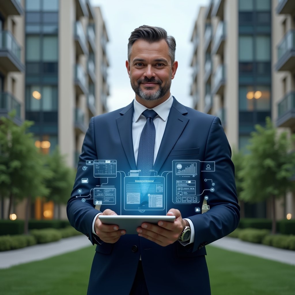 (Ultra-realistic condominium manager in a navy blue executive suit, set in a modern luxury condominium environment with high-rise buildings and manicured green landscaping, confidently holding a digital tablet displaying holographic charts of maintenance schedules and billing reports, surrounded by floating icons for tasks, communications and notifications, cinematic lighting, shallow depth of field, highly detailed textures, realistic skin, photographic realism, 8k resolution --ar 1:1 --v 6)