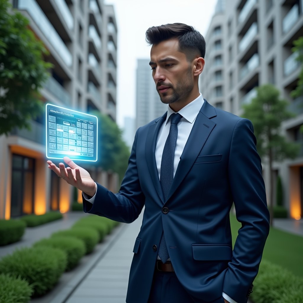Ultra-realistic condominium manager in a navy blue suit, set in a modern luxury condominium environment with high-rise buildings and pristine green landscaping, examining a floating holographic maintenance schedule calendar with focused confidence, a glowing app icon overlay symbolizing efficient scheduling, cinematic lighting, shallow depth of field, highly detailed textures, realistic skin, photographic realism, 8k resolution --ar 1:1 --v 6
