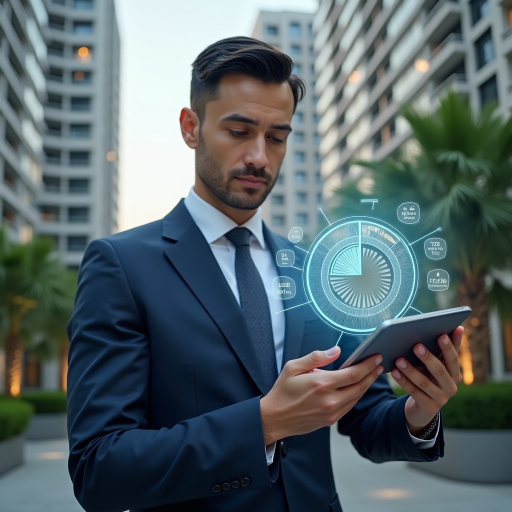 Ultra-realistic condominium manager in a navy executive suit, set in a modern luxury condominium environment with high-rise buildings and meticulously landscaped greenery, examining a holographic pie chart and ledger that represent ideal fraction and automatic apportionment, confident and focused expression, futuristic financial icons floating around, cinematic lighting, shallow depth of field, highly detailed textures, realistic skin, photographic realism, 8k resolution --ar 1:1 --v 6