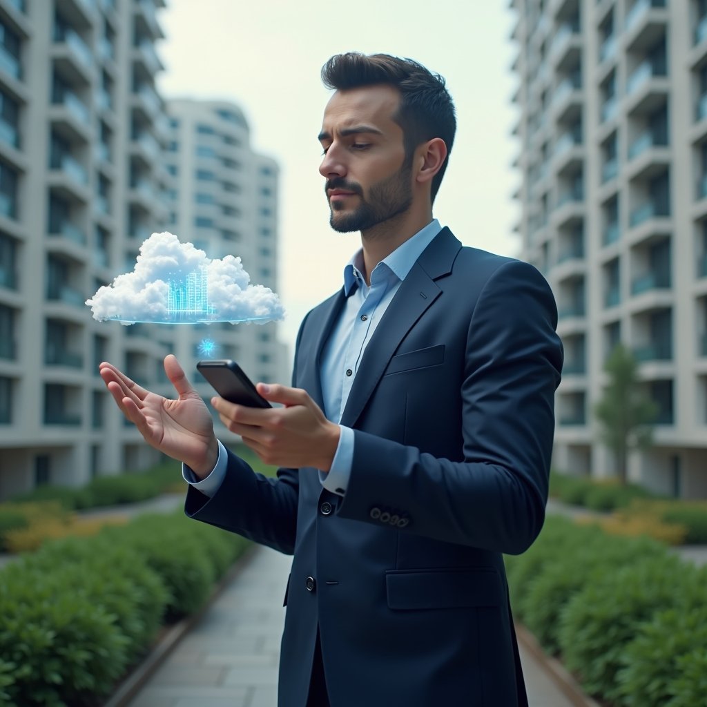 Ultra-realistic property manager in a tailored navy suit, set in a modern luxury condominium environment with high-rise buildings and lush green landscaping, interacting confidently with a floating cloud-shaped hologram and a smartphone displaying data graphs (symbolizing cloud-based management), cinematic lighting, shallow depth of field, highly detailed textures, realistic skin, photographic realism, 8k resolution --ar 1:1 --v 6