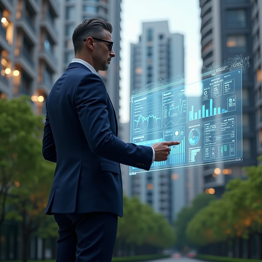 (Ultra-realistic condominium manager in a navy blue tailored suit, set in a modern luxury condominium environment with high-rise buildings and lush green landscaping, standing in a mid-shot pose while reviewing a holographic financial dashboard displaying expense charts and budget forecasts, holographic icons of coins and graphs floating beside them, cinematic lighting, shallow depth of field, highly detailed textures, realistic skin, photographic realism, 8k resolution --ar 1:1 --v 6)