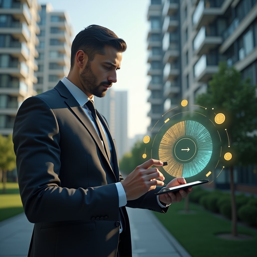 (Ultra-realistic condominium manager in a dark gray suit, set in a modern luxury condominium environment with high-rise buildings and manicured green landscaping, mid-shot close-up of a thoughtful professional examining a holographic pie chart representing fractional expense shares, glowing data lines and icons of coins and scales floating around, cinematic lighting, shallow depth of field, highly detailed textures, realistic skin, photographic realism, 8k resolution --ar 1:1 --v 6)