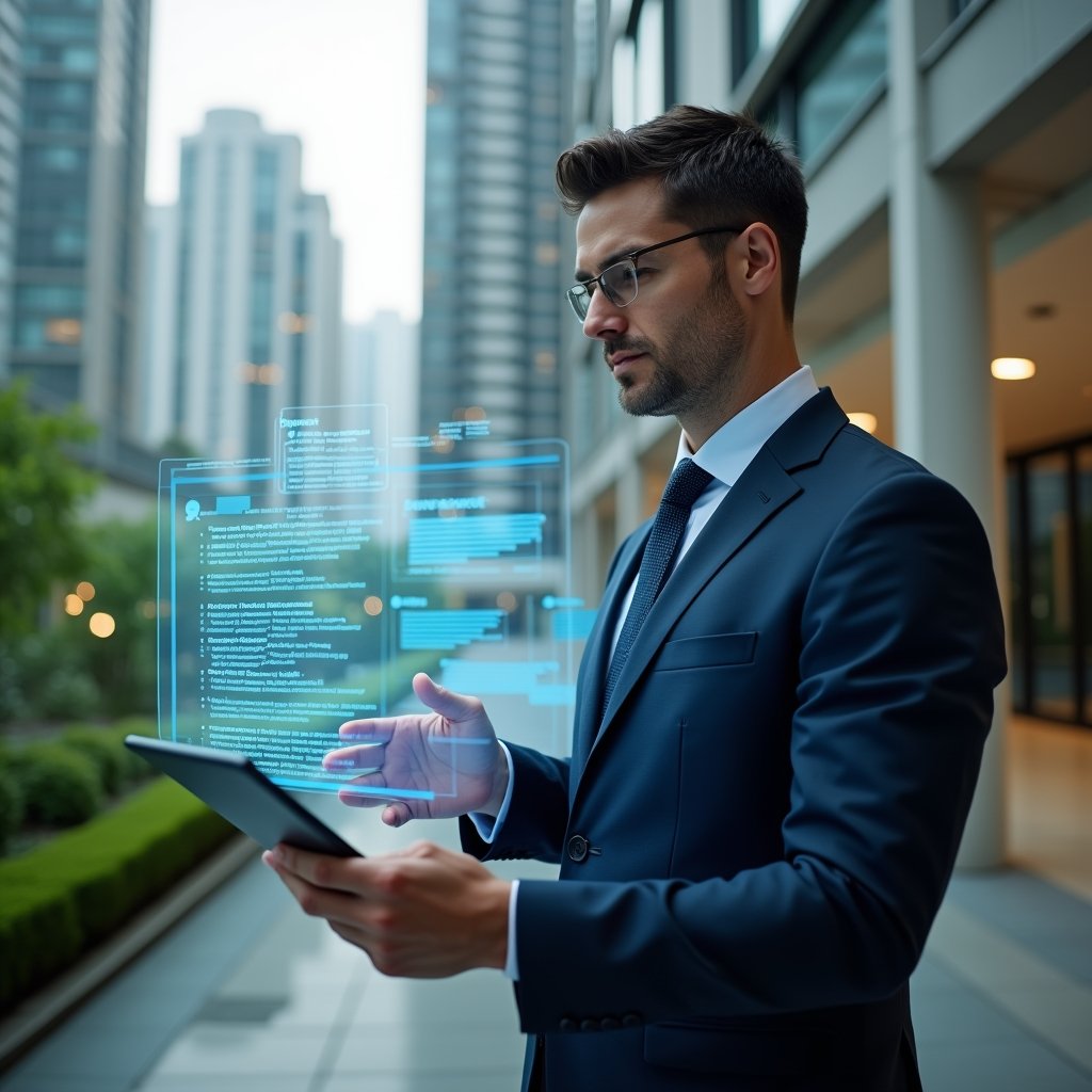 (Ultra-realistic condominium administrator in a navy executive suit, set in a modern luxury condominium environment with high-rise buildings and lush green landscaping, analyzing a holographic interface of approval workflows and quotation comparisons while interacting with floating digital chat icons symbolizing streamlined communication, confident and focused expression, cinematic lighting, shallow depth of field, highly detailed textures, realistic skin, photographic realism, 8k resolution --ar 1:1 --v 6)