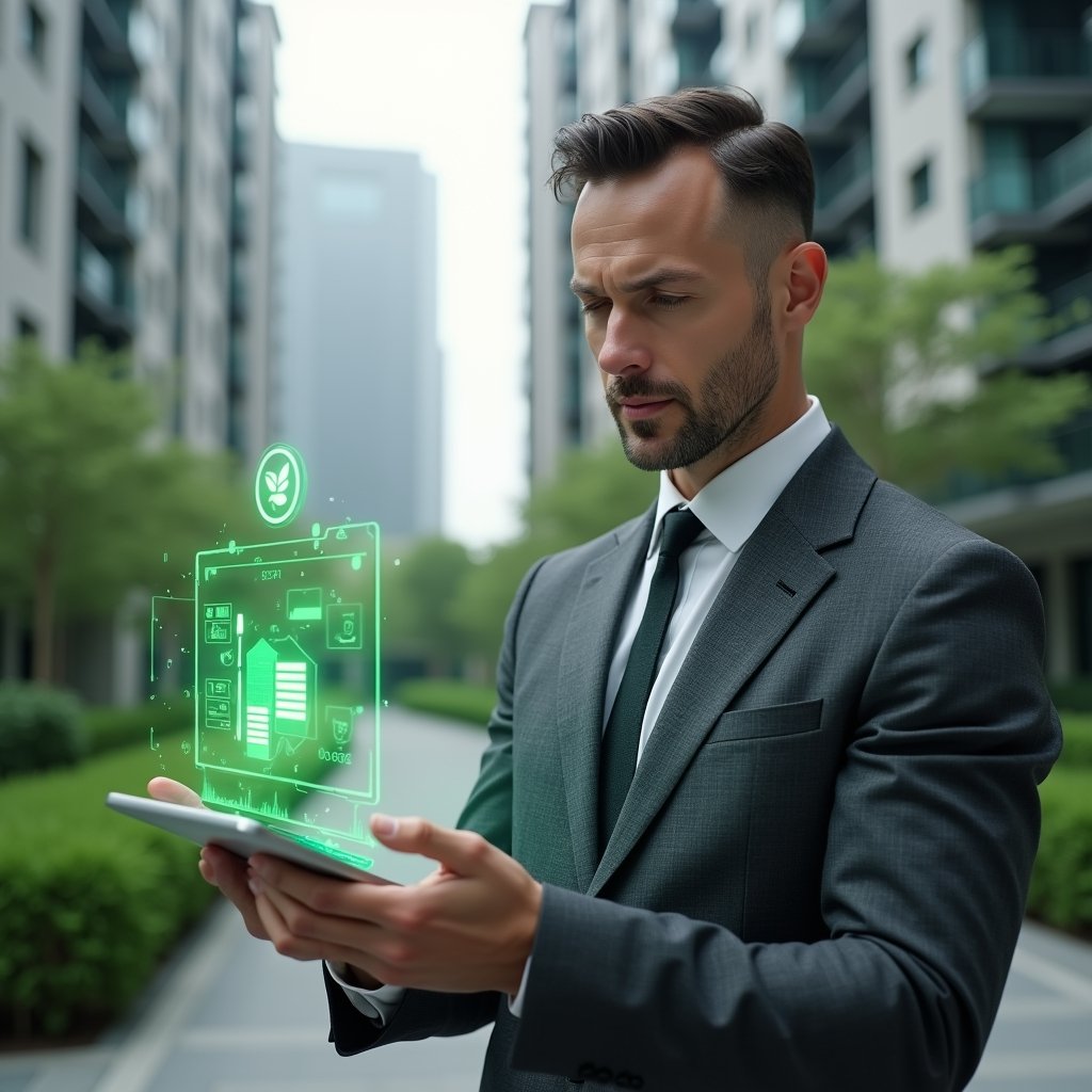Ultra-realistic condominium manager in a dark gray tailored suit, set in a modern luxury condominium environment with high-rise buildings and meticulously landscaped green areas, holding a tablet displaying a floating green energy and water savings hologram, holographic leaf icon and solar panel symbol hovering beside, confident and thoughtful expression, cinematic lighting, shallow depth of field, highly detailed textures, realistic skin, photographic realism, 8k resolution --ar 1:1 --v 6