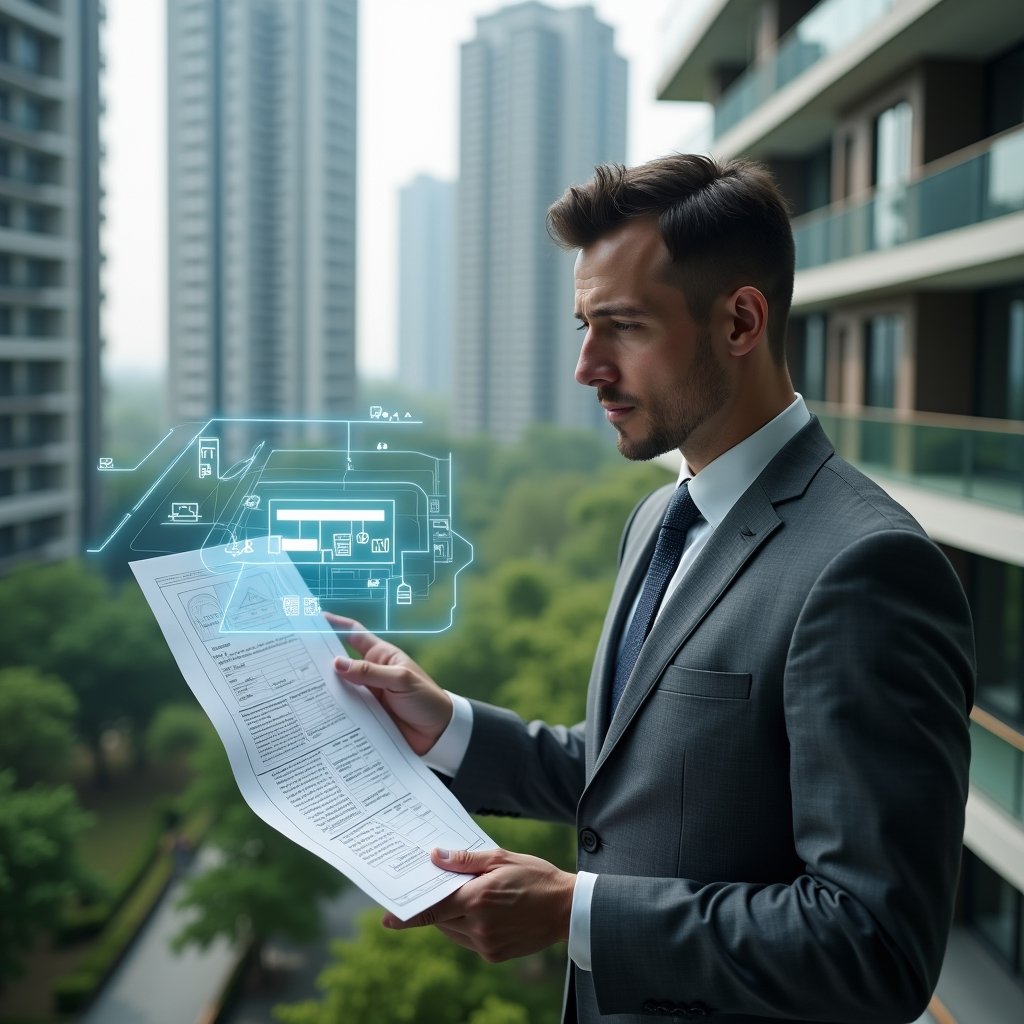 Ultra-realistic condominium manager in a charcoal gray suit, set in a modern luxury condominium environment with high-rise buildings and lush green landscaping, mid shot, reviewing a holographic 3D blueprint of building infrastructure with maintenance icons floating around, confident and focused expression, cinematic lighting, shallow depth of field, highly detailed textures, realistic skin, photographic realism, 8k resolution --ar 1:1 --v 6