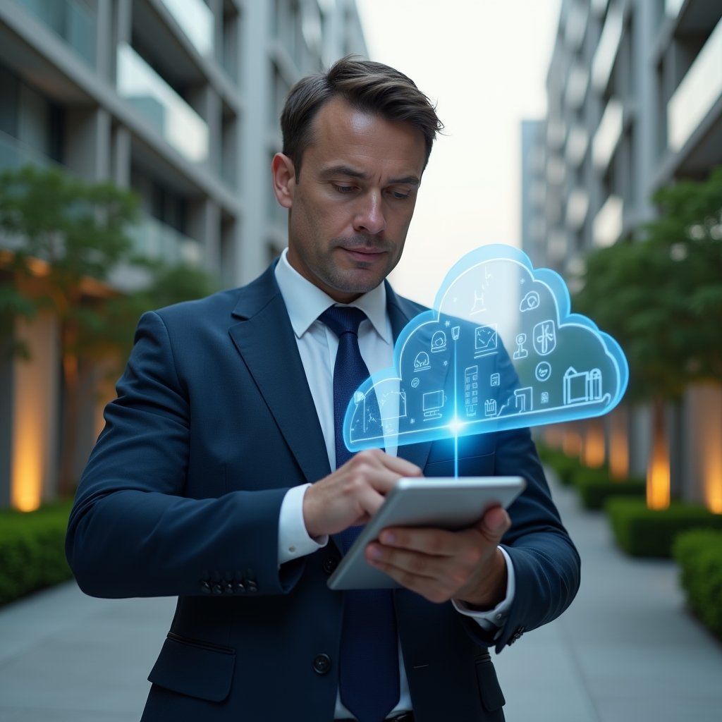 (Ultra-realistic condominium manager in a navy blue suit, set in a modern luxury condominium environment with high-rise buildings and manicured green landscaping, holding a tablet displaying a holographic cloud interface symbolizing remote administration, confident and focused expression, floating cloud and app icons around the device, cinematic lighting, shallow depth of field, highly detailed textures, realistic skin, photographic realism, 8k resolution --ar 1:1 --v 6)