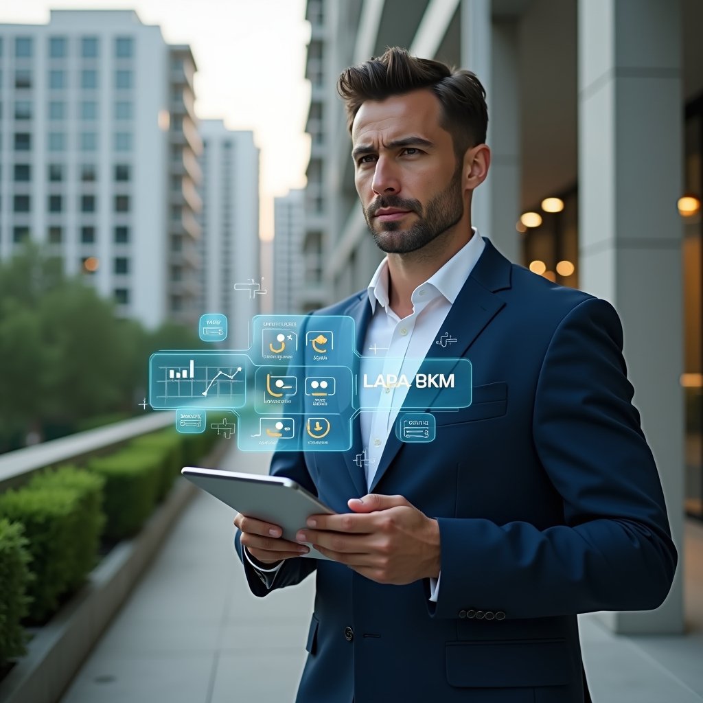 (Ultra-realistic condominium manager in a tailored navy suit, set in a modern luxury condominium environment with high-rise buildings and manicured greenery, holding a tablet and interacting with a floating holographic condominium management app interface displaying calendar, financial charts, and chat icons, confident and focused expression, cinematic lighting, shallow depth of field, highly detailed textures, realistic skin, photographic realism, 8k resolution --ar 1:1 --v 6)