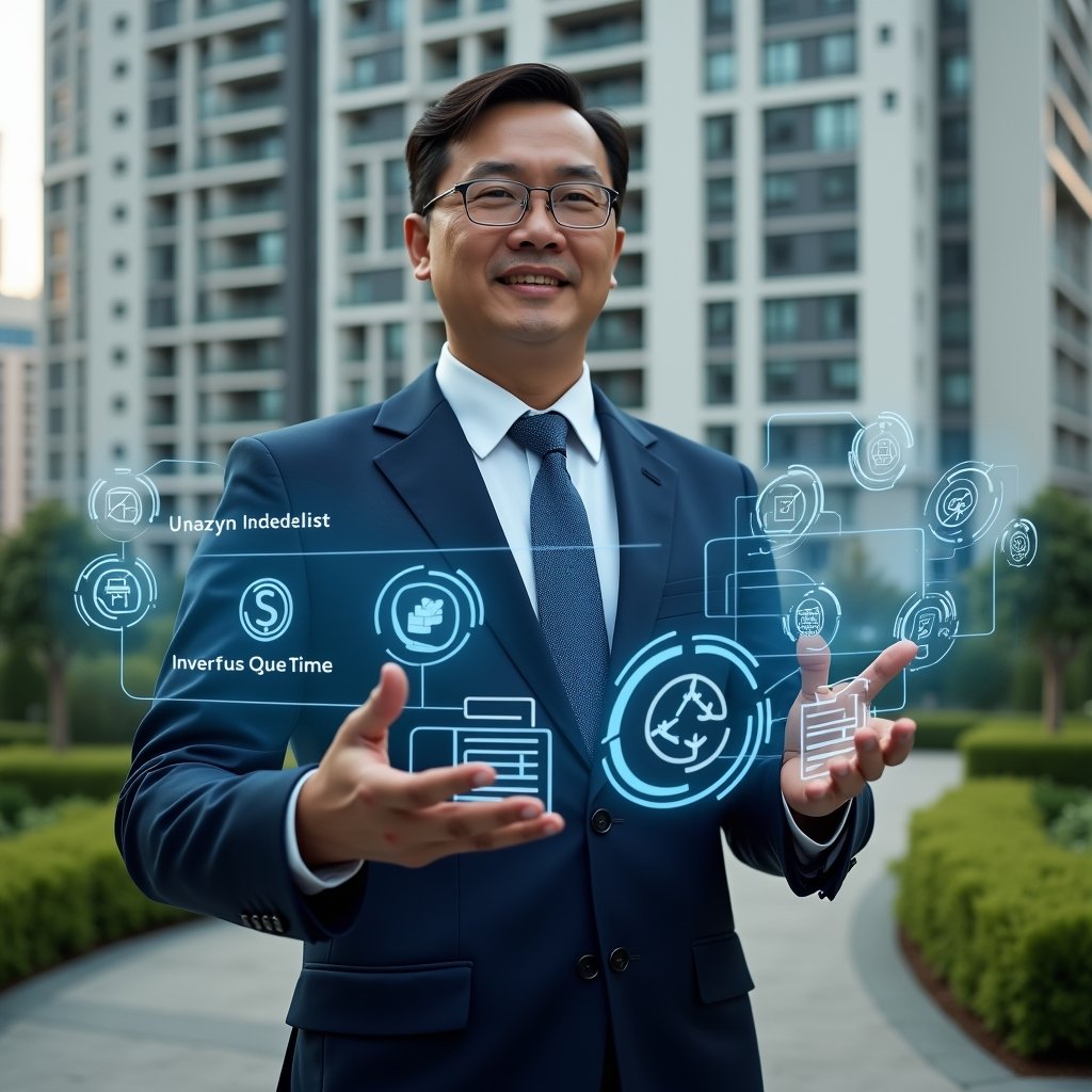 Ultra-realistic condominium manager in a navy blue business suit, set in a modern luxury condominium environment with high-rise buildings and meticulously landscaped gardens, interacting with a floating holographic interface displaying automated maintenance checklists, intelligent report charts, and real-time notification icons, confident expression, cinematic lighting, shallow depth of field, highly detailed textures, realistic skin, photographic realism, 8k resolution --ar 1:1 --v 6