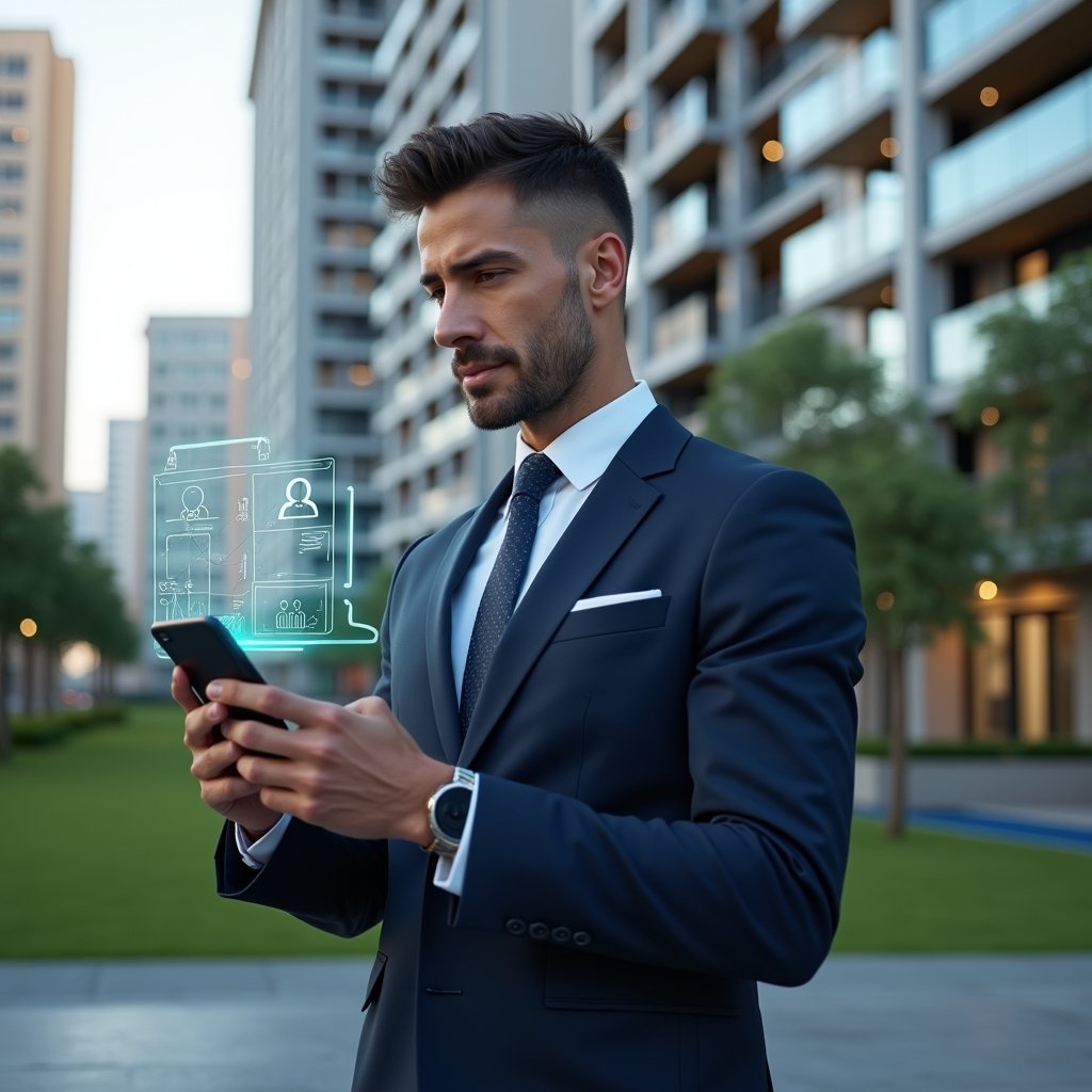 Ultra-realistic condominium manager in a sleek navy suit, set in a modern luxury condominium environment with high-rise buildings and manicured green landscaping, holding a smartphone and interacting with a floating holographic building management interface, confident expression, cinematic lighting, shallow depth of field, highly detailed textures, realistic skin, photographic realism, 8k resolution --ar 1:1 --v 6