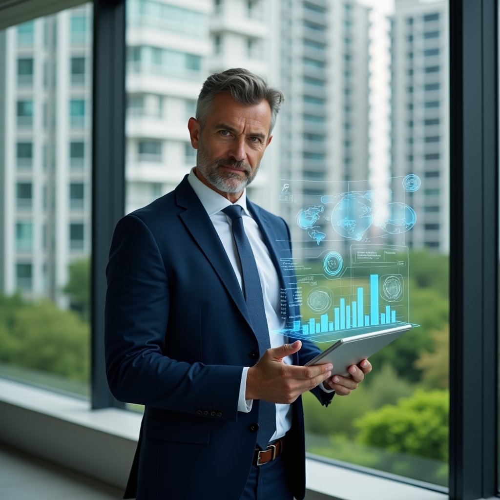 Ultra-realistic condominium manager in a navy suit, standing inside a modern luxury condominium office with high-rise buildings and manicured green gardens visible through floor-to-ceiling windows, holding a tablet projecting holographic financial graphs and pie charts symbolizing automated accounting, looking confident and focused, cinematic lighting, shallow depth of field, highly detailed textures, realistic skin, photographic realism, 8k resolution --ar 1:1 --v 6