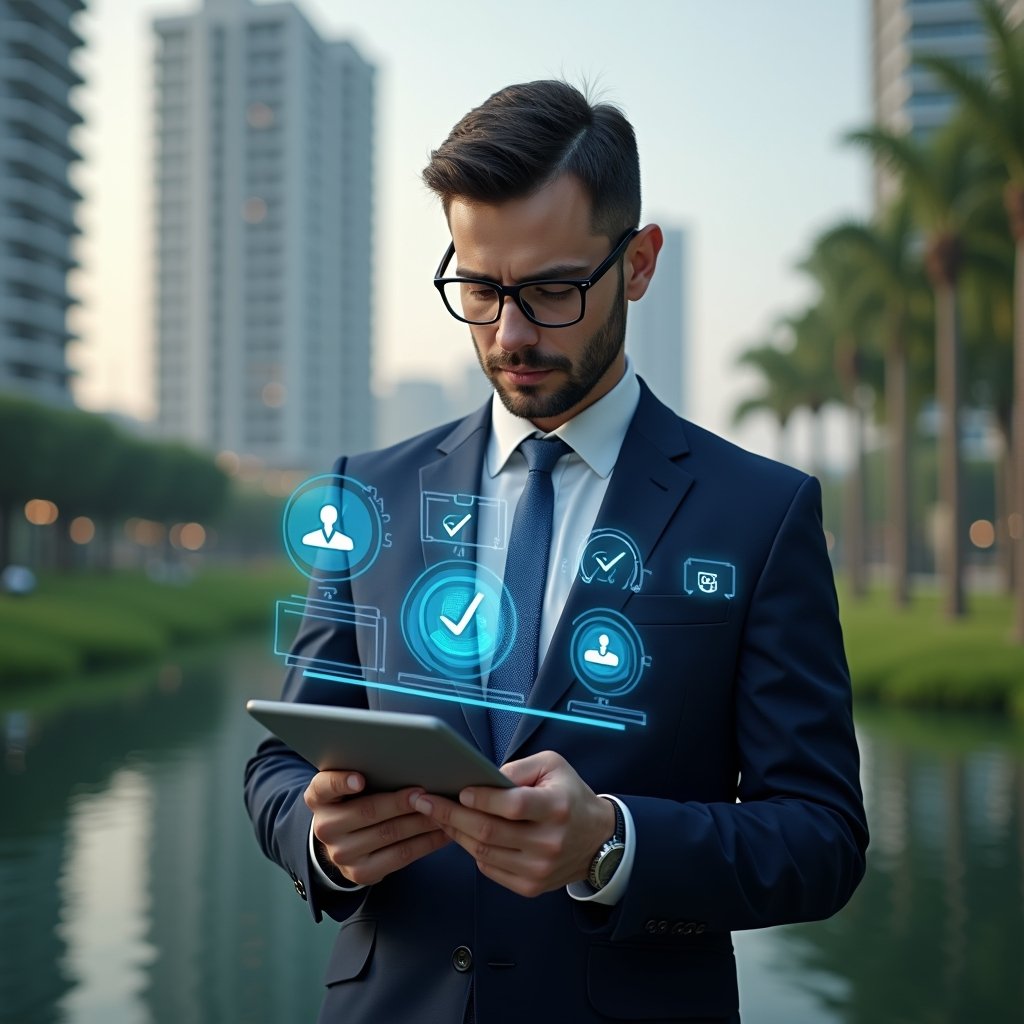 Ultra-realistic condominium manager in a navy executive suit, set in a modern luxury condominium environment with high-rise buildings and lush green landscaping, confidently checking a holographic digital checklist floating above a tablet—calendar icons and activity markers highlighting monthly, quarterly and annual tasks, cinematic lighting, shallow depth of field, highly detailed textures, realistic skin, photographic realism, 8k resolution --ar 1:1 --v 6