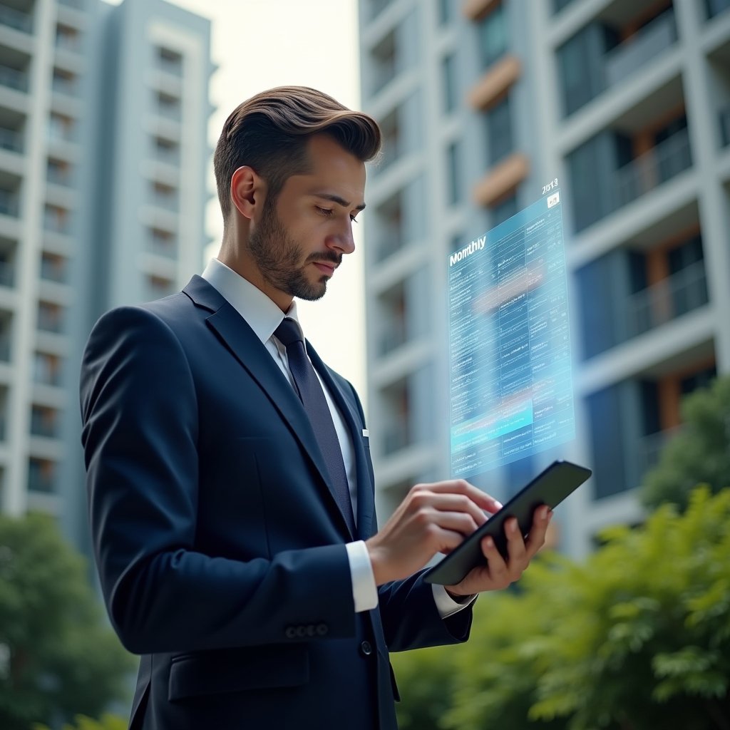 Ultra-realistic condominium manager in a navy executive suit, set in a modern luxury condominium environment with high-rise buildings and lush green landscaping, reviewing a digital tablet with a holographic monthly checklist floating above the screen, confident and focused expression, cinematic lighting, shallow depth of field, highly detailed textures, realistic skin, photographic realism, 8k resolution --ar 1:1 --v 6