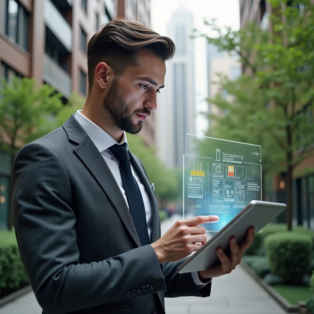 (Ultra-realistic condominium manager in a charcoal gray executive suit, set in a modern luxury condominium environment with high-rise buildings and lush green landscaping, confidently examining a digital tablet displaying a holographic seasonal maintenance checklist with icons for spring, summer, autumn, and winter, cinematic lighting, shallow depth of field, highly detailed textures, realistic skin, photographic realism, 8k resolution --ar 1:1 --v 6)