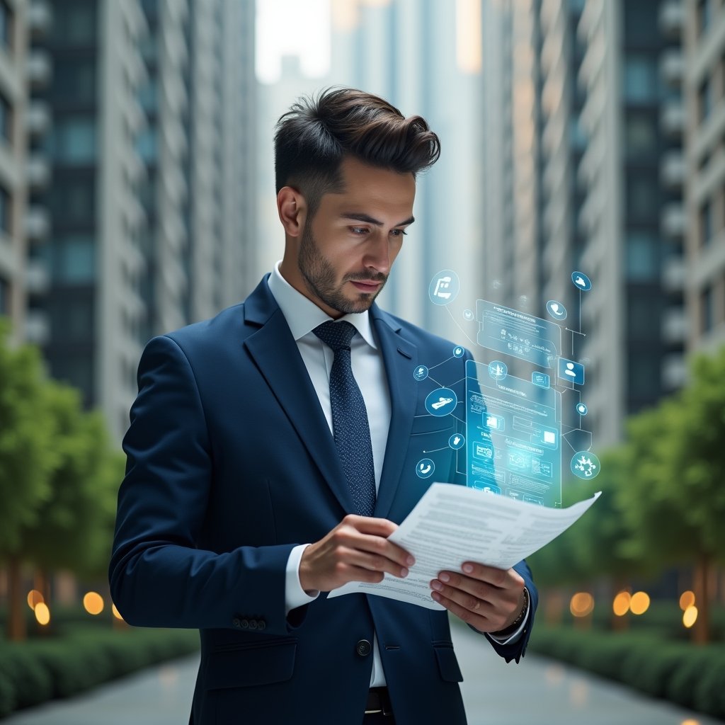 (Ultra-realistic condominium manager in a navy blue suit, set in a modern luxury condominium environment with high-rise buildings and lush green landscaping, reviewing a floating holographic checklist and digital receipts with a confident, focused expression, subtle holographic icons of documents and reports surrounding them, cinematic lighting, shallow depth of field, highly detailed textures, realistic skin, photographic realism, 8k resolution --ar 1:1 --v 6)