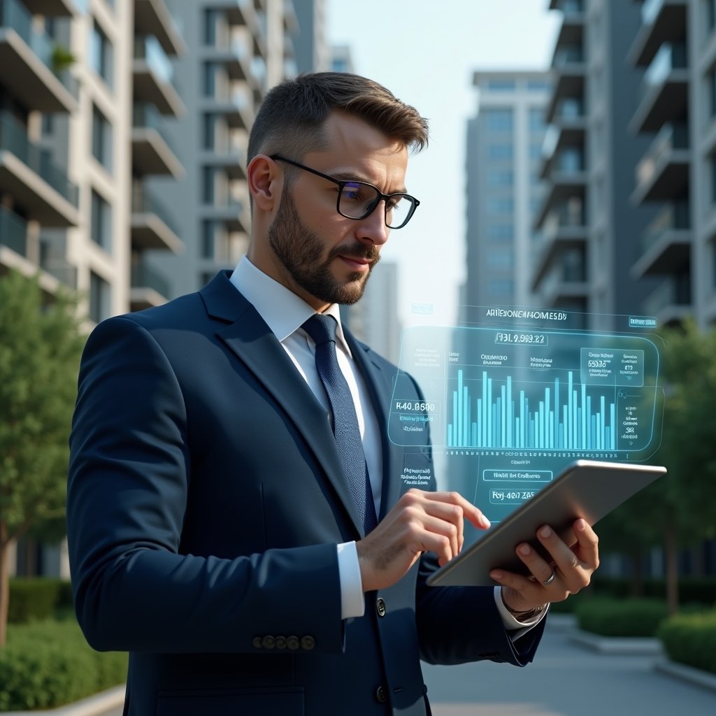 (Ultra-realistic condominium manager in a dark blue suit, set in a modern luxury condominium environment with high-rise buildings and lush green landscaping, holding a digital tablet displaying financial holograms, reviewing monthly income and expense charts, floating invoice and receipt icons around, confident and focused expression, cinematic lighting, shallow depth of field, highly detailed textures, realistic skin, photographic realism, 8k resolution --ar 1:1 --v 6)