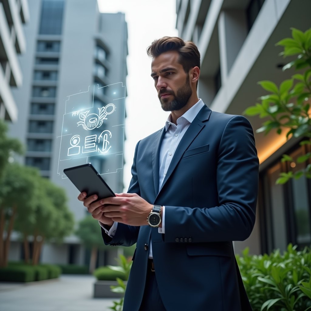 Ultra-realistic condominium manager in a dark blue tailored suit, set in a modern luxury condominium environment with high-rise buildings and manicured green landscaping, reviewing a holographic checklist of expenses while holding a digital tablet, with semi-transparent cost-reduction icons floating around, confident and focused expression, cinematic lighting, shallow depth of field, highly detailed textures, realistic skin, photographic realism, 8k resolution --ar 1:1 --v 6