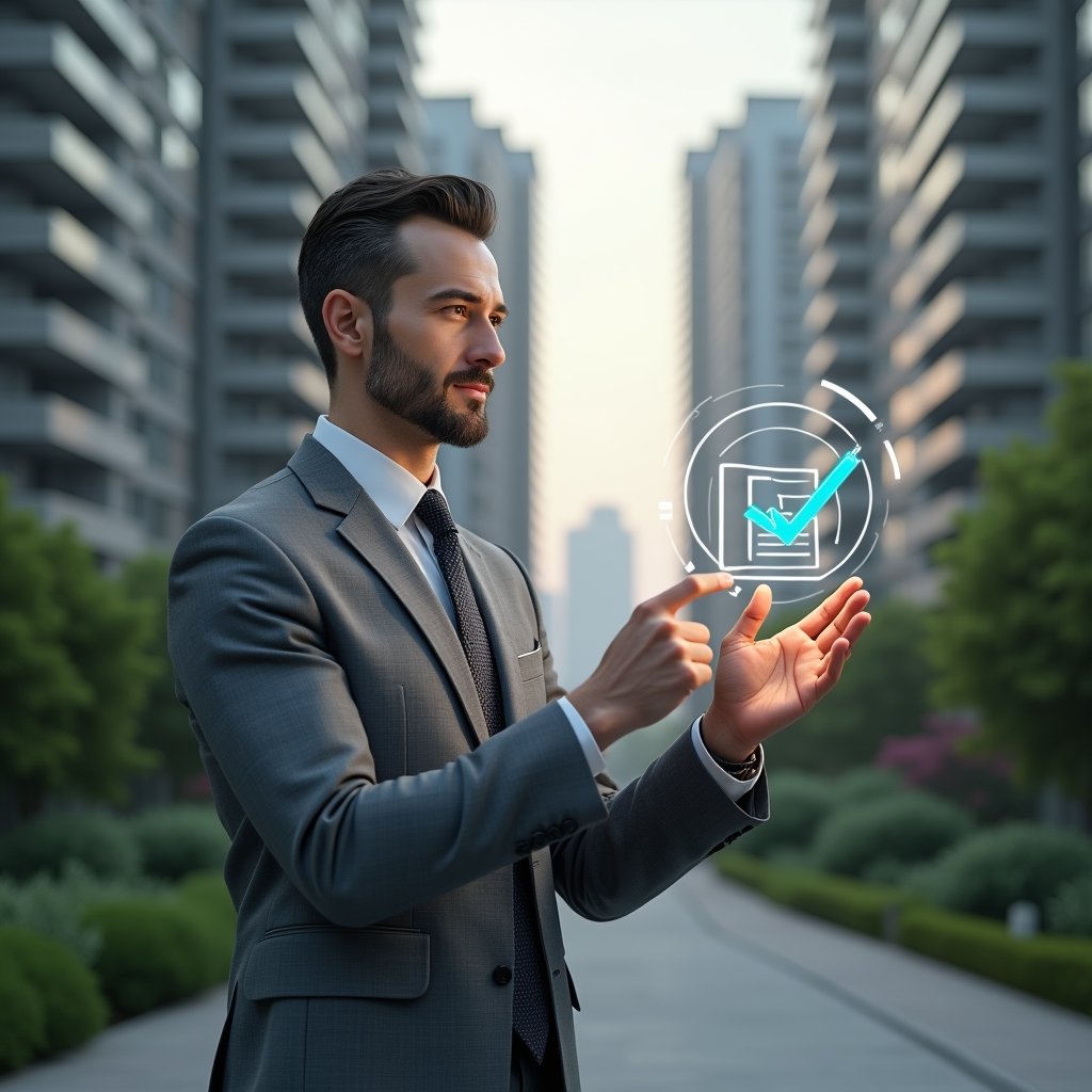Ultra-realistic condominium manager in a tailored gray suit, set in a modern luxury condominium environment with high-rise buildings and manicured gardens, reviewing a holographic checklist and pointing to a floating app icon representing financial approval, conveying confidence and professionalism, cinematic lighting, shallow depth of field, highly detailed textures, realistic skin, photographic realism, 8k resolution --ar 1:1 --v 6