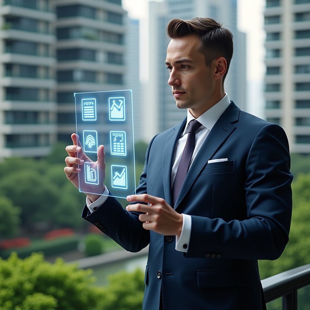 (Ultra-realistic condominium manager in a tailored navy suit, set in a modern luxury condominium environment with high-rise buildings and lush green landscaping, reviewing a floating holographic checklist with transparent icons of documents and graphs, confident and focused expression, cinematic lighting, shallow depth of field, highly detailed textures, realistic skin, photographic realism, 8k resolution --ar 1:1 --v 6)