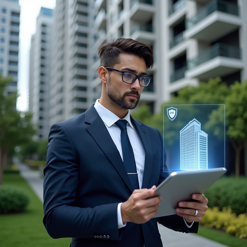 (Ultra-realistic condominium manager in a navy executive suit, set in a modern luxury condominium environment with high-rise buildings and manicured green landscaping, holding a tablet displaying a holographic checklist, confidently reviewing criteria with a focused expression, a floating translucent building icon and shield symbol beside the screen, cinematic lighting, shallow depth of field, highly detailed textures, realistic skin, photographic realism, 8k resolution --ar 1:1 --v 6)