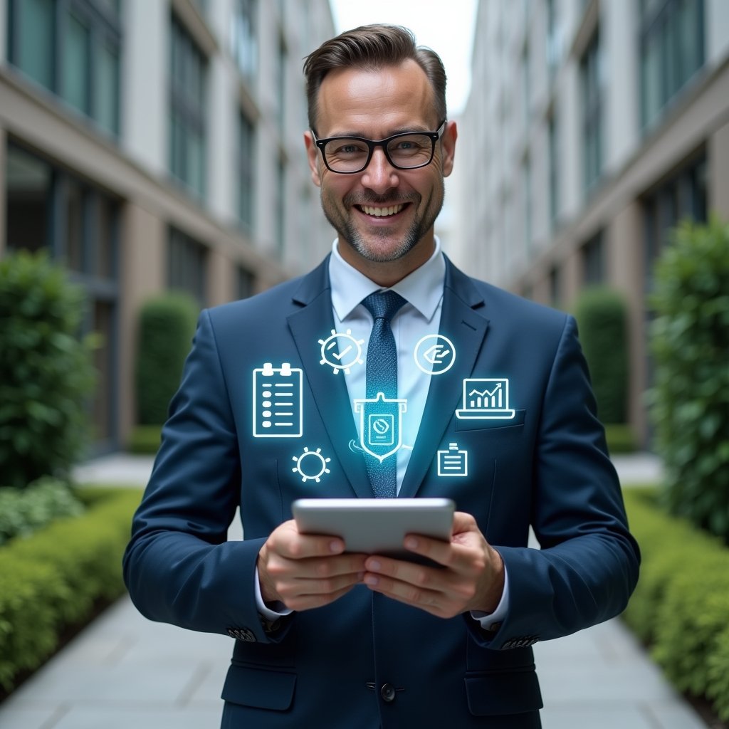 Ultra-realistic condominium manager in a dark blue executive suit, set in a modern luxury condominium environment with high-rise buildings and manicured green landscaping, confidently holding a digital tablet displaying holographic icons of calendars, chat bubbles, financial graphs and maintenance checklists to represent streamlined processes and communication, cinematic lighting, shallow depth of field, highly detailed textures, realistic skin, photographic realism, 8k resolution --ar 1:1 --v 6