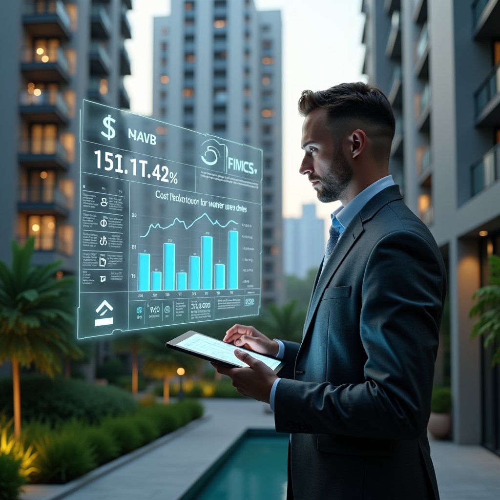 (Ultra-realistic condominium manager in a charcoal gray tailored suit, set in a modern luxury condominium environment with high-rise buildings and lush green landscaping, examining a transparent holographic financial chart displaying cost reduction metrics, holding a digital tablet with budget graphs, a glowing dollar sign icon floating beside, cinematic lighting, shallow depth of field, highly detailed textures, realistic skin, photographic realism, 8k resolution --ar 1:1 --v 6)