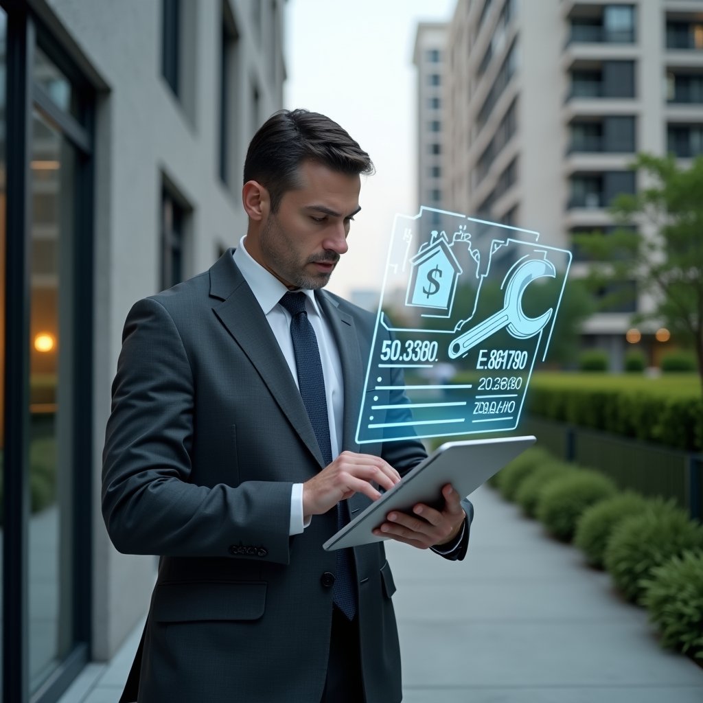 (Ultra-realistic condominium manager in a charcoal-gray suit, set in a modern luxury condominium environment with high-rise buildings and manicured greenery, standing in a mid-shot while reviewing a holographic expense chart projected from a tablet, a translucent icon of a wrench and dollar sign hovering beside the chart to symbolize maintenance planning and cost control, confident and focused expression, cinematic lighting, shallow depth of field, highly detailed textures, realistic skin, photographic realism, 8k resolution --ar 1:1 --v 6)