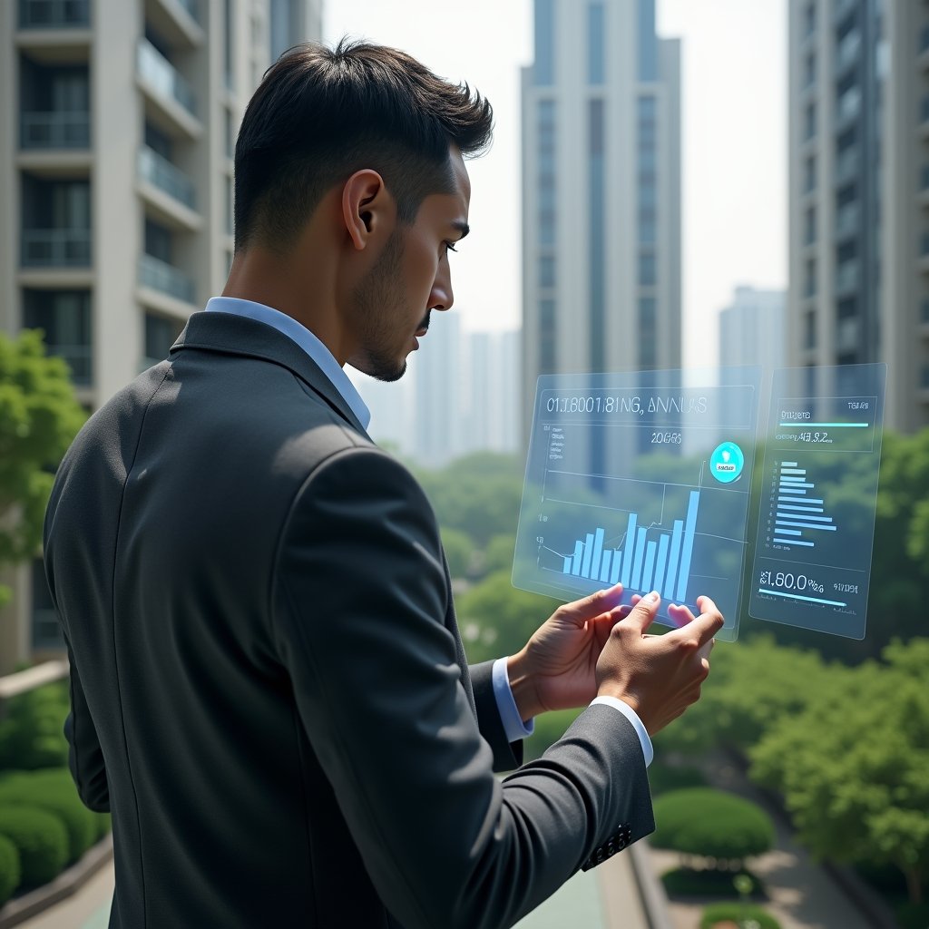 Ultra-realistic condominium manager in a dark gray tailored suit, set in a modern luxury condominium environment with high-rise buildings and manicured green landscaping, confidently examining a holographic financial dashboard showing downward cost charts and savings icons, cinematic lighting, shallow depth of field, highly detailed textures, realistic skin, photographic realism, 8k resolution --ar 1:1 --v 6