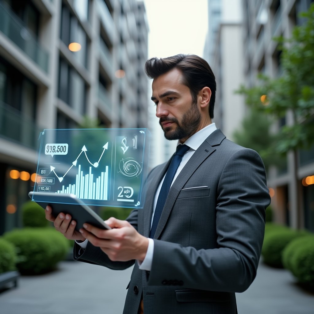Ultra-realistic condominium manager in a charcoal gray tailored suit, set in a modern luxury condominium environment with high-rise buildings and green landscaping, holding a tablet displaying holographic cost-saving charts, analyzing budget data with a confident expression, holographic downward arrows and coin icons floating nearby, cinematic lighting, shallow depth of field, highly detailed textures, realistic skin, photographic realism, 8k resolution --ar 1:1 --v 6