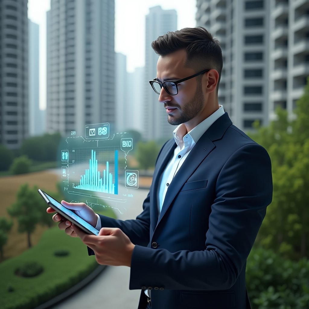 Ultra-realistic condominium manager in a navy tailored suit, set in a modern luxury condominium environment with high-rise buildings and lush green landscaping, confidently analyzing a holographic cost-reduction chart projected from a tablet, contract documents floating as semi-transparent icons around, cinematic lighting, shallow depth of field, highly detailed textures, realistic skin, photographic realism, 8k resolution --ar 1:1 --v 6