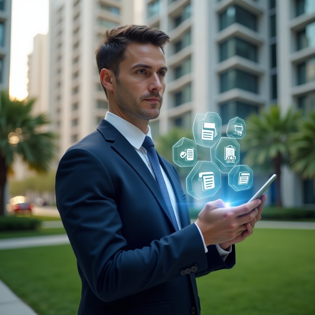 (Ultra-realistic condominium manager in a navy executive suit, set in a modern luxury condominium environment with high-rise buildings and manicured green landscaping, mid-shot holding a digital tablet displaying holographic icons for calendar, invoices, documents, chat, and maintenance requests, confident and focused expression, cinematic lighting, shallow depth of field, highly detailed textures, realistic skin, photographic realism, 8k resolution --ar 1:1 --v 6)