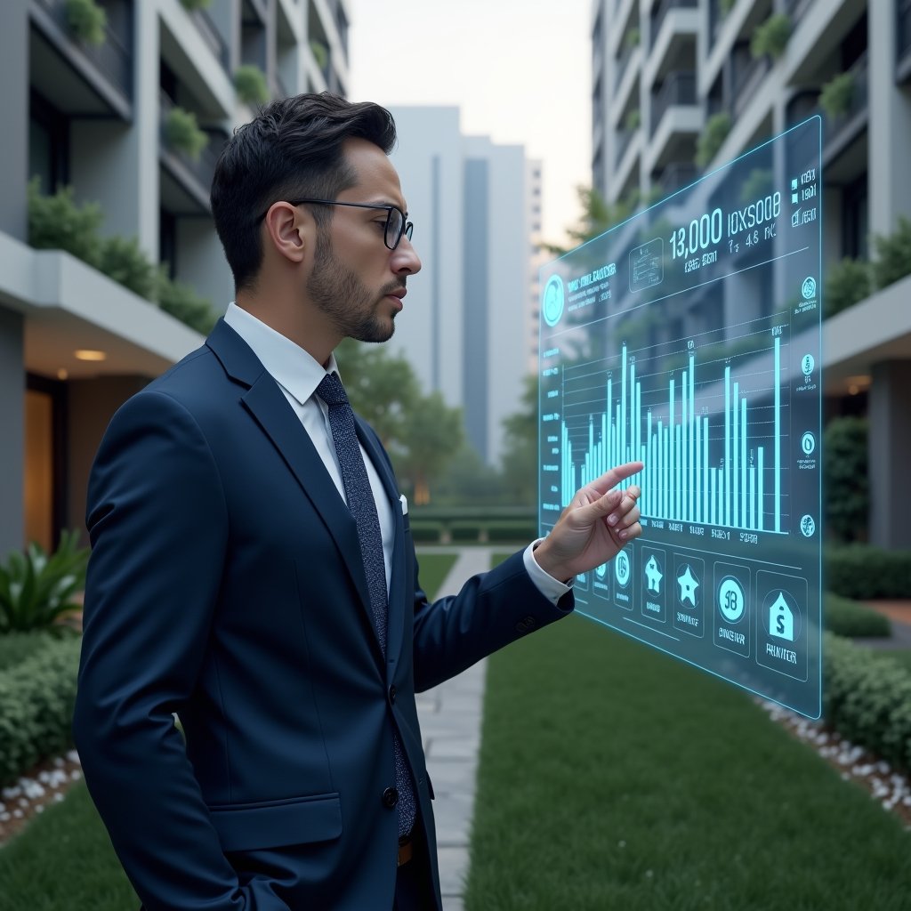 (Ultra-realistic condominium manager in a navy executive suit, set in a modern luxury condominium environment with high-rise buildings and manicured green landscaping, analyzing holographic financial charts projected in front of them, pointing at glowing bar graphs and cash flow icons, confident and focused expression, cinematic lighting, shallow depth of field, highly detailed textures, realistic skin, photographic realism, 8k resolution --ar 1:1 --v 6)