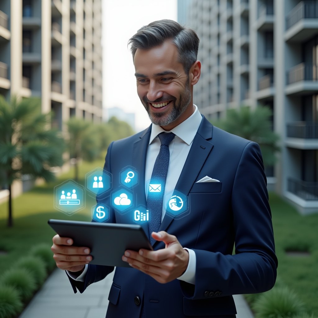 Ultra-realistic condominium manager in a tailored navy suit, set in a modern luxury condominium environment with high-rise buildings and lush green landscaping, holding a digital tablet displaying floating holographic icons for communication, finance, maintenance, community engagement and scheduling, confidently smiling as they interact with the holograms, cinematic lighting, shallow depth of field, highly detailed textures, realistic skin, photographic realism, 8k resolution --ar 1:1 --v 6