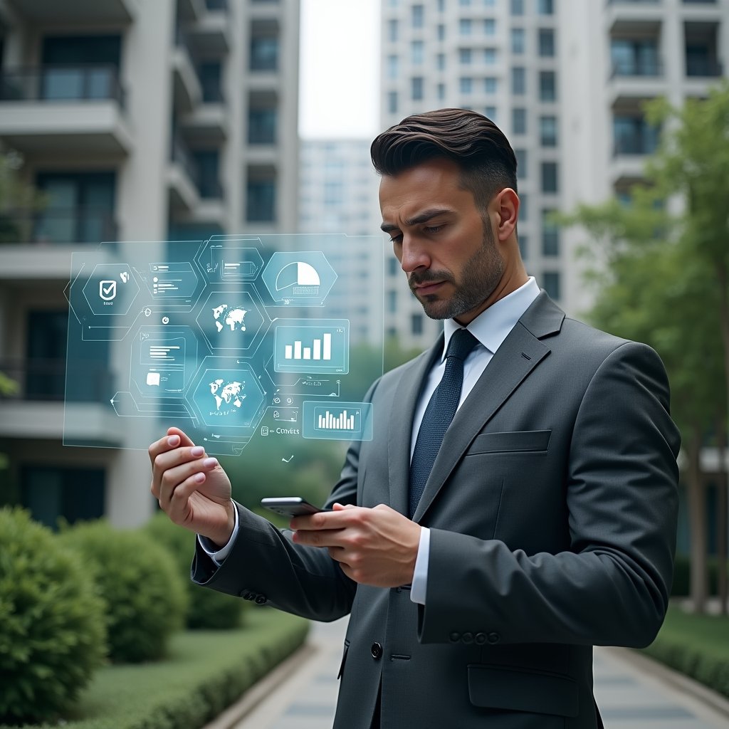Ultra-realistic condominium manager in a charcoal gray suit, set in a modern luxury condominium environment with high-rise buildings and meticulously landscaped gardens, examining a floating holographic dashboard displaying digital workflows and analytics, confident and focused expression, translucent icons of checklists and charts orbiting around, cinematic lighting, shallow depth of field, highly detailed textures, realistic skin, photographic realism, 8k resolution --ar 1:1 --v 6