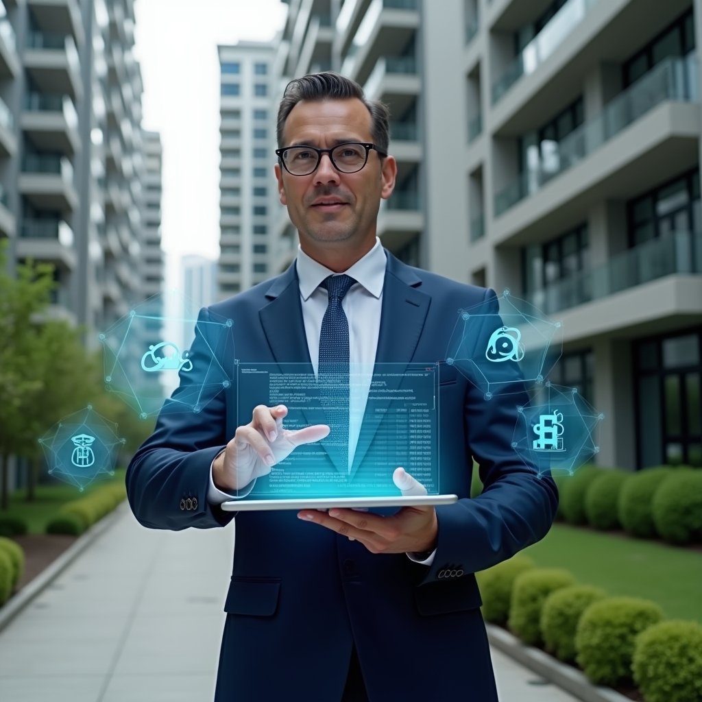 (Ultra-realistic condominium manager in a navy blue suit, set in a modern luxury condominium environment with high-rise buildings and green landscaping, holding a transparent tablet displaying holographic financial reports and analytics, surrounded by floating digital ledger icons, confident expression as if presenting data, cinematic lighting, shallow depth of field, highly detailed textures, realistic skin, photographic realism, 8k resolution --ar 1:1 --v 6)