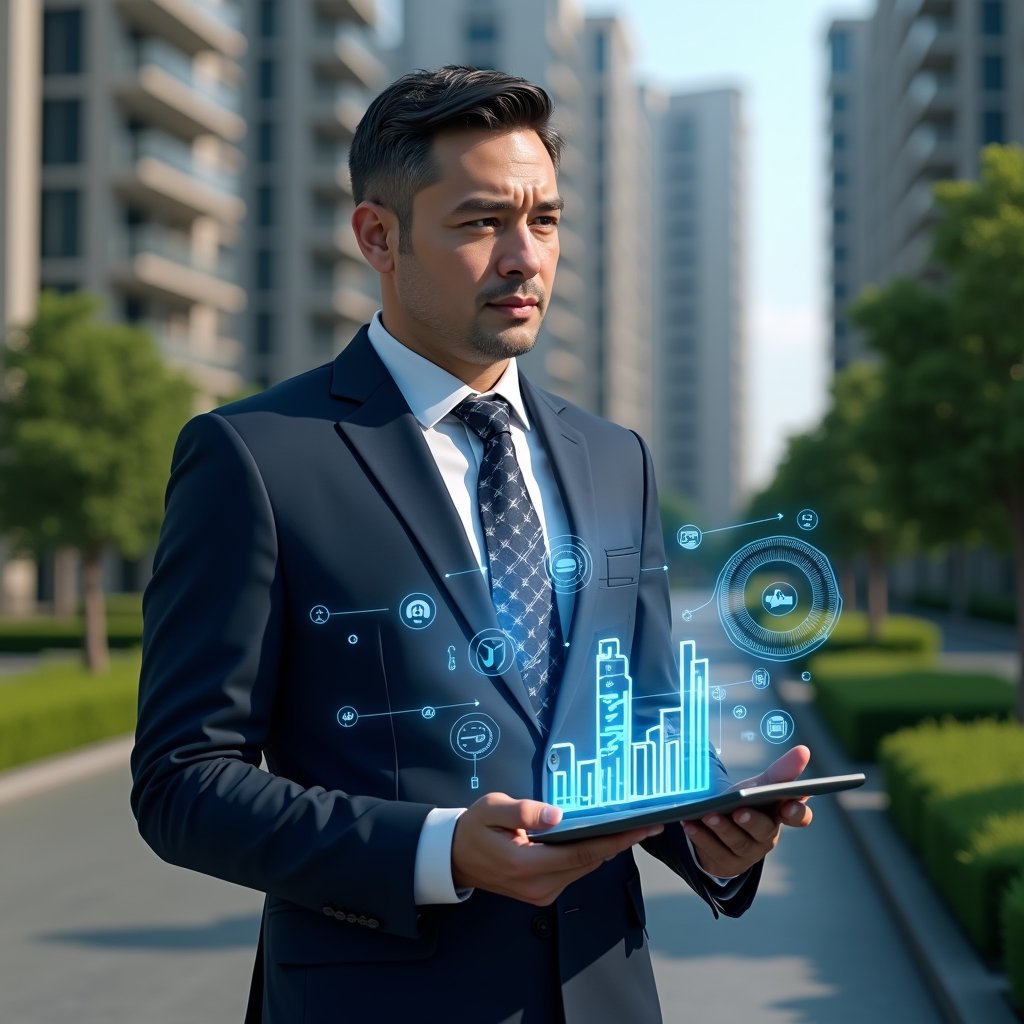 Ultra-realistic condominium manager in a navy executive suit, set in a modern luxury condominium environment with high-rise buildings and manicured green landscaping, holding a tablet displaying a glowing holographic dashboard of charts and building icons, confidently analyzing digital processes, cinematic lighting, shallow depth of field, highly detailed textures, realistic skin, photographic realism, 8k resolution --ar 1:1 --v 6